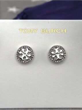 Tory Burch Silver Crystal Logo Round Stud Earrings